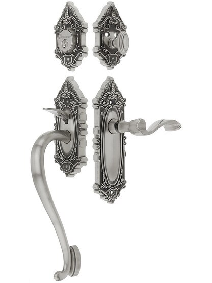 Grandeur Grande Victorian Thumblatch Entrance Set With Portofino Lever - Left-Handed in Antique Pewter.